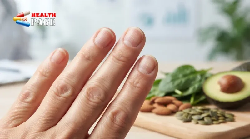 Fingernails showing subtle ridges and dryness associated with possible magnesium deficiency