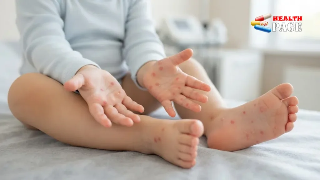 Hand foot and mouth disease rash with small spots and blisters on the hands and feet