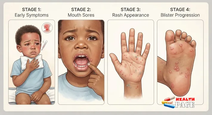 Common progression of hand, foot, and mouth disease symptoms from fever to mouth sores and skin rash