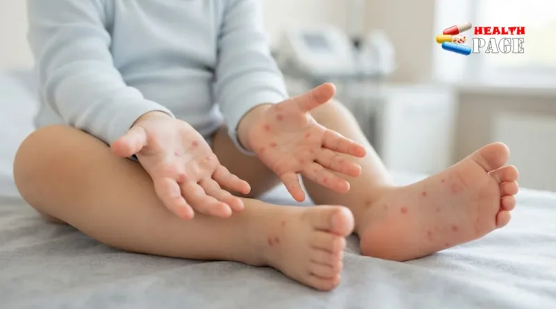 Hand foot and mouth disease rash with small spots and blisters on the hands and feet