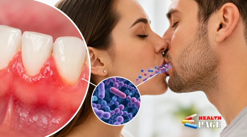 Kissing couple with illustration of oral bacteria and inflamed gums