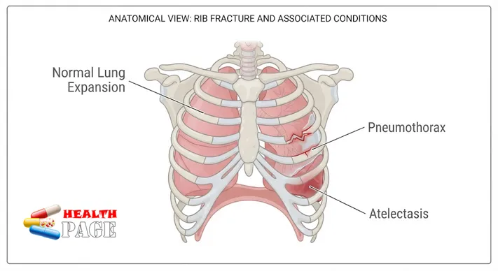 Medical illustration showing a fractured rib near the lung and possible chest complications