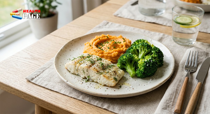 Baked fish with mashed sweet potato and steamed broccoli