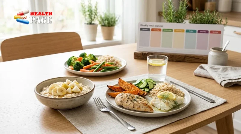 7-day meal plan for acid reflux with GERD-friendly foods including oatmeal, fruits, vegetables, chicken, fish and brown rice