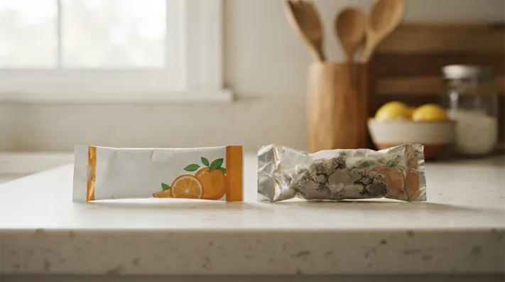 Vitamin C powder packets showing normal dry powder and moisture-related clumping