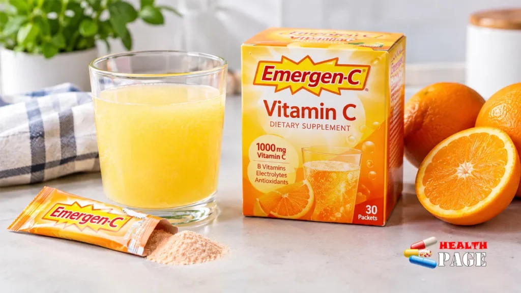 Emergen-C vitamin C powder packet and prepared drink with fresh oranges