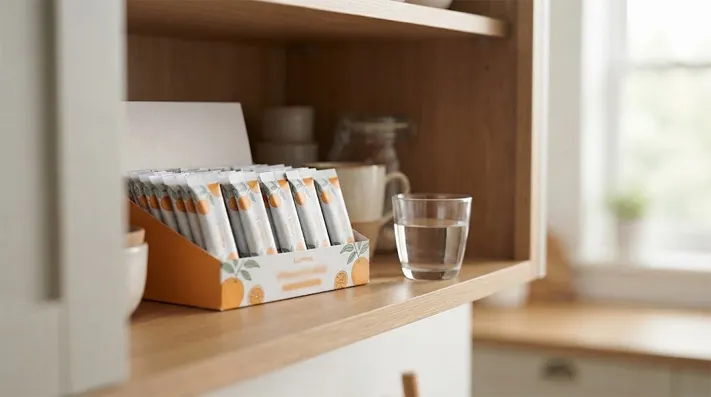 Sealed vitamin C supplement packets stored in a cool dry cupboard