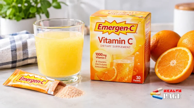 Emergen-C vitamin C powder packet and prepared drink with fresh oranges