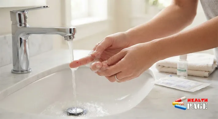 Hand washing a small mouse bite under running water as part of animal bite first aid
