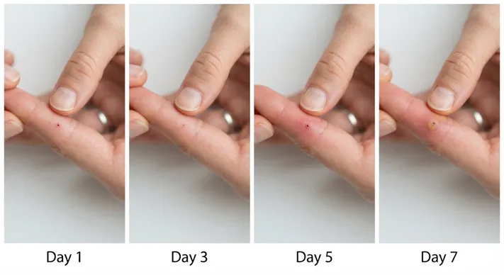 Person checking a mouse bite wound for increasing redness and swelling