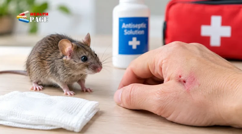 Mouse near a hand with a small bite wound and first aid supplies