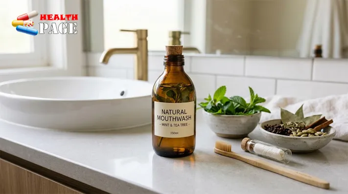 Natural mouthwash with toothbrush, dental floss and plant-based ingredients