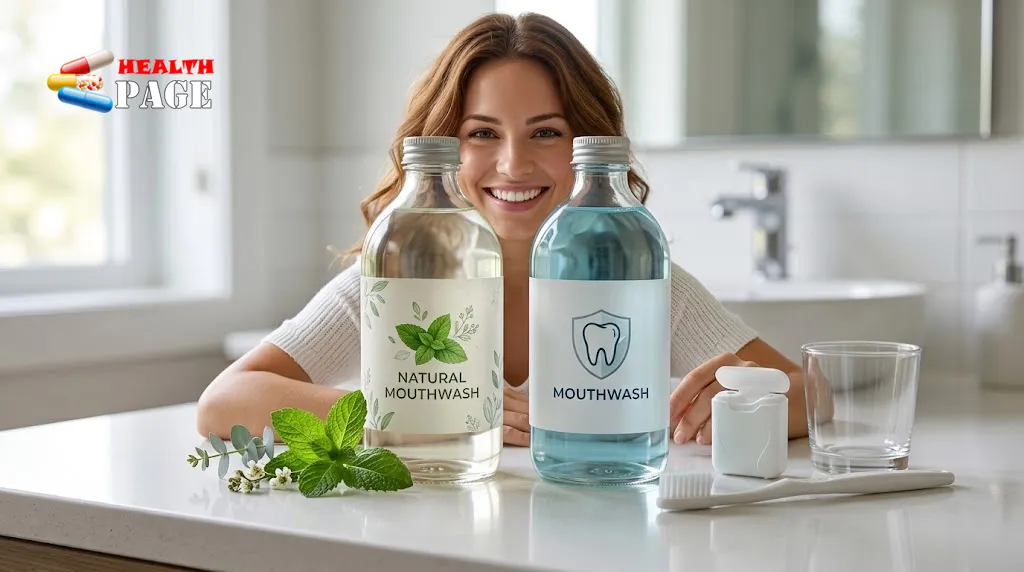 Natural and fluoride mouthwash bottles shown side by side with oral hygiene products