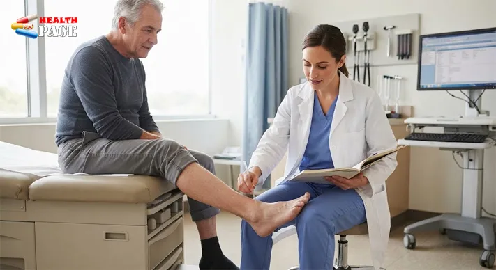 Clinician examining sensation in a patient's foot during evaluation of possible neuropathic pain