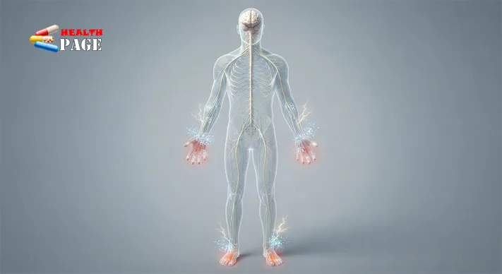Medical illustration showing peripheral nerves and areas associated with neuropathic pain sensations
