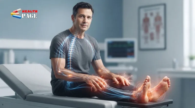 Medical illustration showing abnormal nerve signaling associated with neuropathic pain in the hands and feet