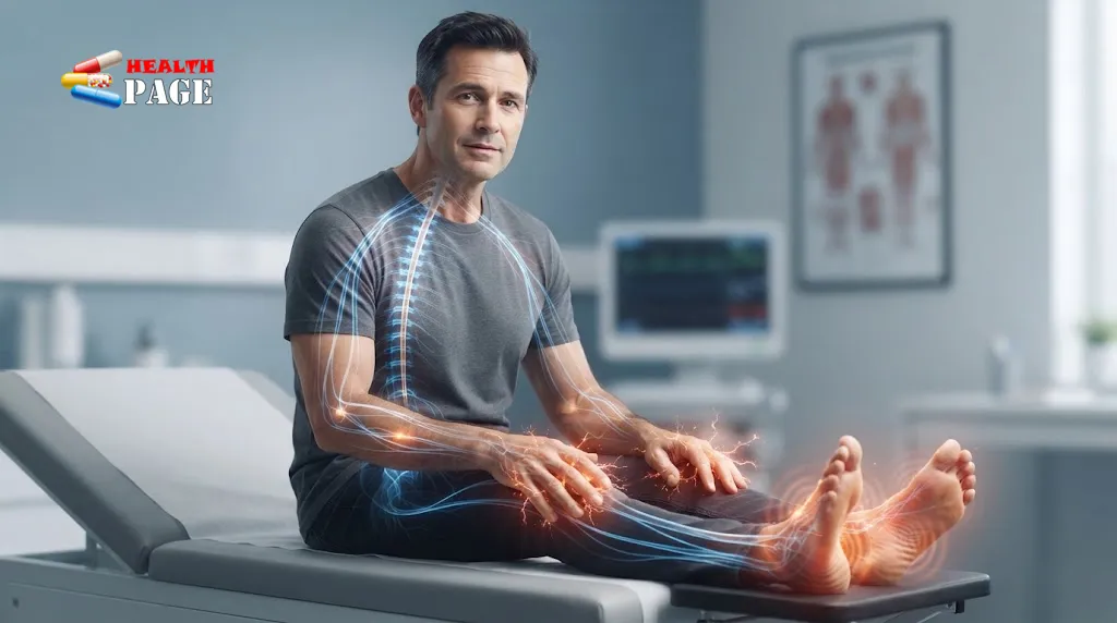 Medical illustration showing abnormal nerve signaling associated with neuropathic pain in the hands and feet