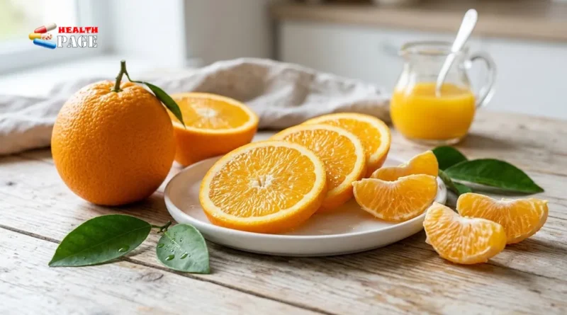 Fresh orange slices and segments with a whole orange on a clean surface