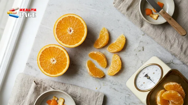 Fresh orange segments beside a whole orange and a kitchen scale illustrating serving size
