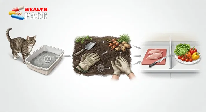 Medical illustration showing how toxoplasmosis can spread through cat feces, contaminated soil, and contaminated food.