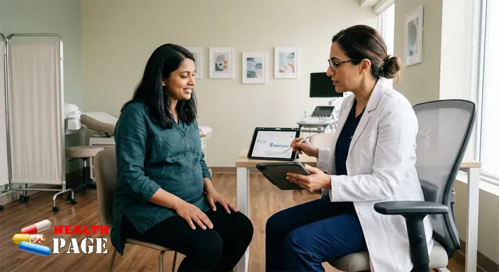 Pregnant patient discussing infection testing with a healthcare professional during a prenatal appointment.