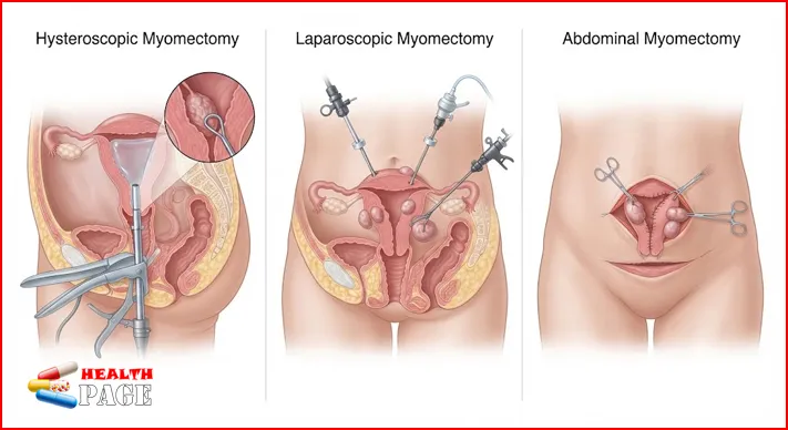 Medical illustration comparing hysteroscopic, laparoscopic, and abdominal myomectomy approaches (uterine fibroids surgery)