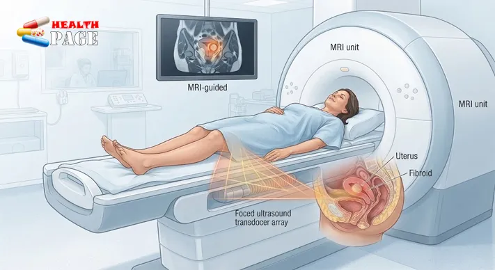 Illustration of MRI-guided focused ultrasound targeting a uterine fibroid