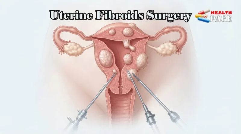 Medical illustration of uterine fibroids inside the uterus with a surgical treatment concept