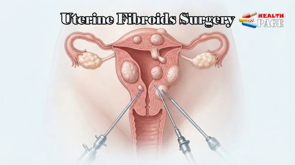 Medical illustration of uterine fibroids inside the uterus with a surgical treatment concept