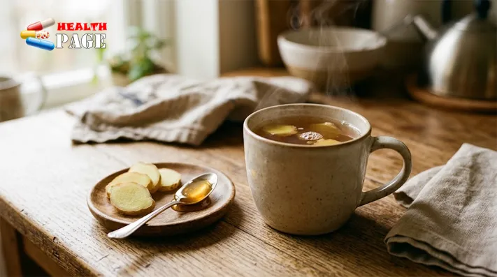 Cup of warm ginger tea with fresh ginger slices and honey