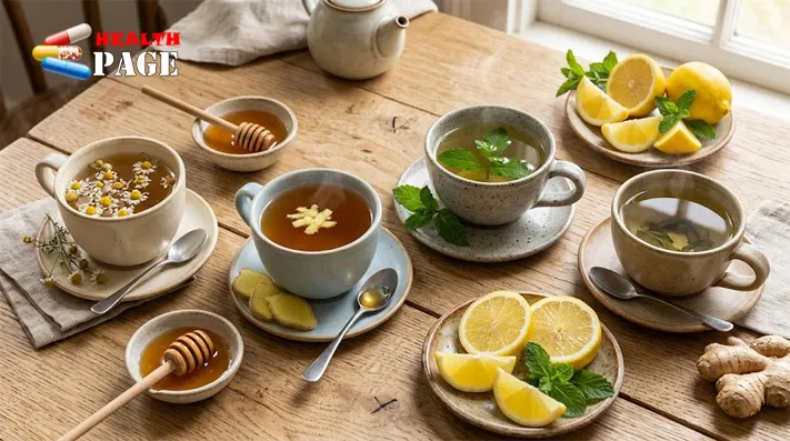 Different warm teas including ginger, chamomile, peppermint and green tea for throat comfort