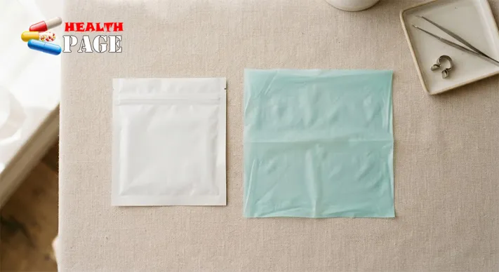 Unfolded translucent latex dental dam lying flat next to its sealed packet on a neutral background