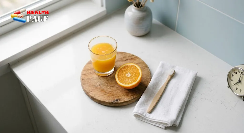 Overhead view of a glass of orange juice, a halved orange and a soft-bristled toothbrush on a folded towel next to a small clock