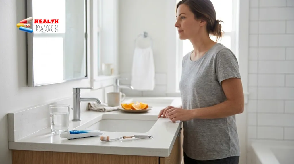Toothbrush, fluoride toothpaste and a glass of water beside a bathroom sink.