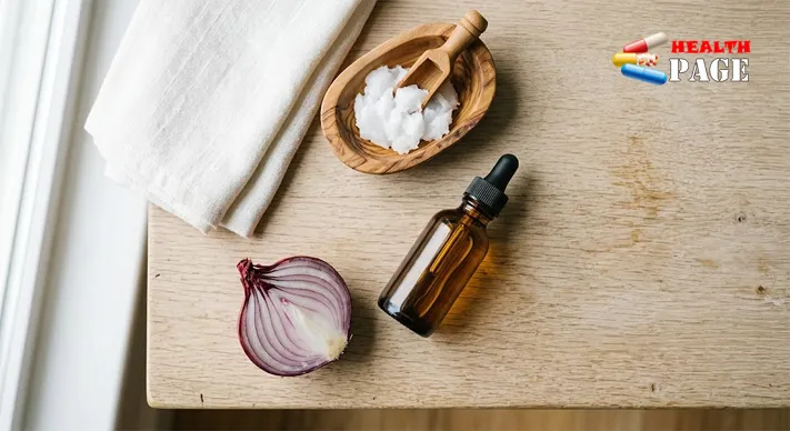 Amber dropper bottle of hair oil next to a halved red onion and a dish of coconut oil on a light wooden table