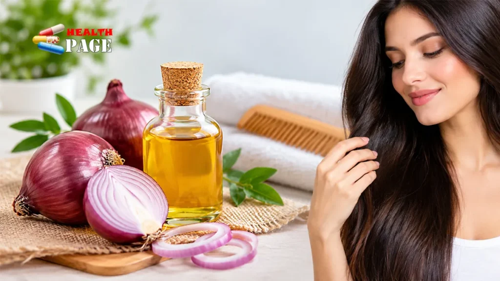 Onion oil for hair care with red onions and a woman with long, healthy-looking hair.