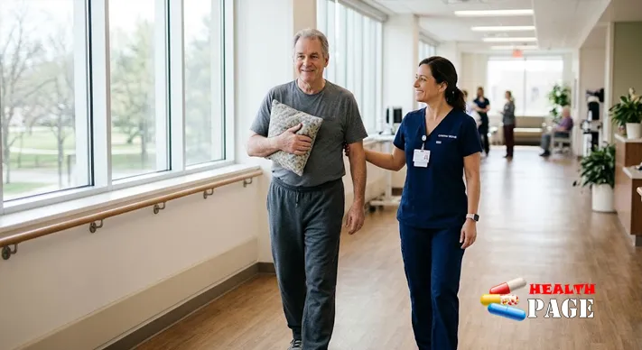 Middle-aged man walking in a hospital corridor with a cardiac rehabilitation nurse while holding a pillow against his chest