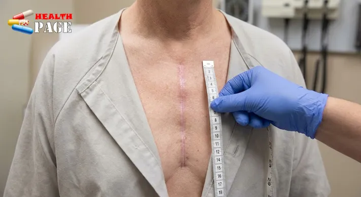 Healed vertical scar down the centre of a patient's chest being examined by a clinician