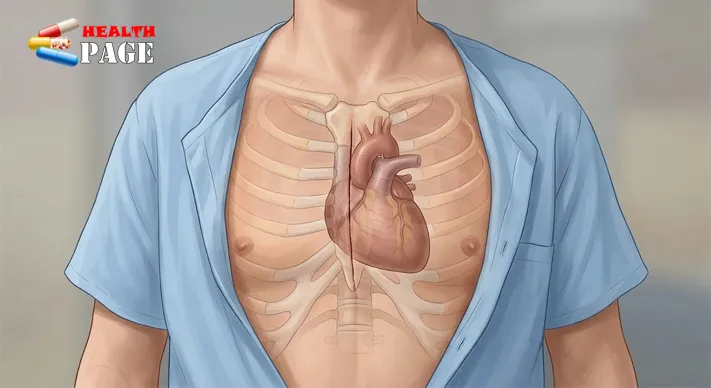 Illustration of a chest with a central sternotomy incision and the breastbone gently opened to expose the heart