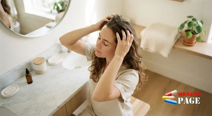 Person with eyes closed placing both hands on their scalp in a calm, well-lit bathroom, beginning a gentle scalp massage.