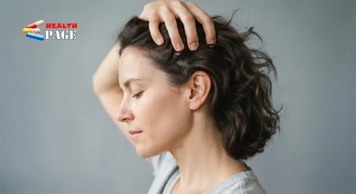 Close side view of fingertips pressed gently against the scalp near the temple, demonstrating the small circular motion used in scalp massage.