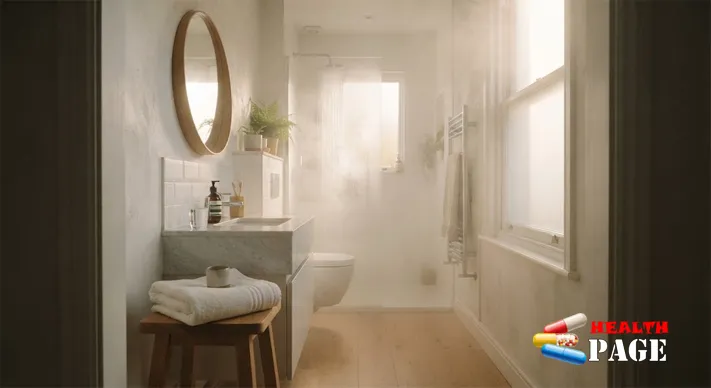 A softly steamy bathroom with a running shower, a folded towel on a stool and a glass of water by the sink