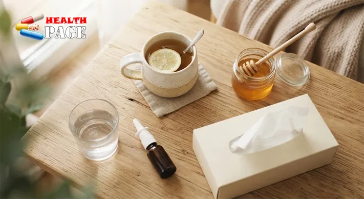 A mug of herbal tea with lemon, a jar of honey, a saline nasal spray, tissues and a glass of water on a wooden table