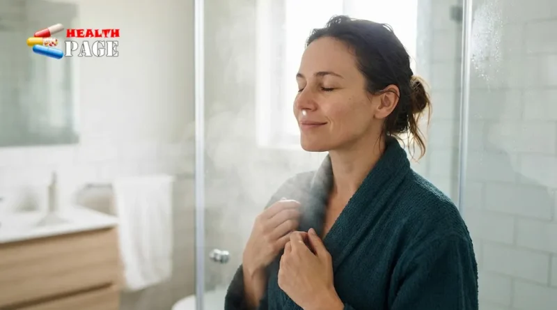 Steam Inhalation for Congestion, Adult breathing warm steam from a shower to relieve nasal congestion