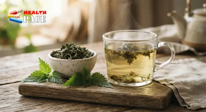 Glass mug of pale green nettle tea beside a bowl of dried nettle leaves and fresh nettle sprigs on a wooden board