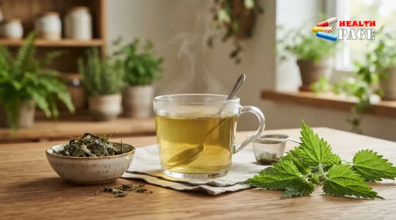 Glass cup of stinging nettle tea with fresh and dried nettle leaves