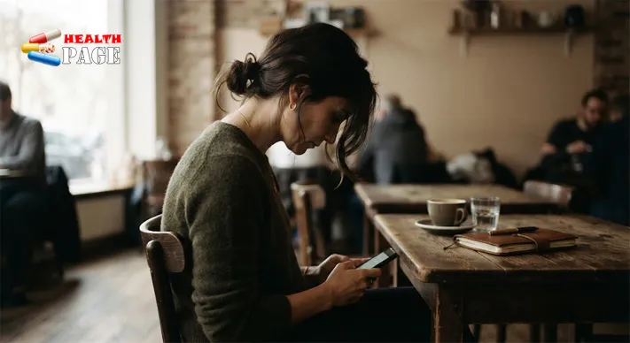 Side view of a seated adult looking down at a phone with their head forward of their shoulders and upper back rounded