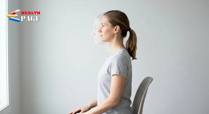 Person seen in profile performing a chin tuck, with a faint outline showing their head positioned further forward before the movement