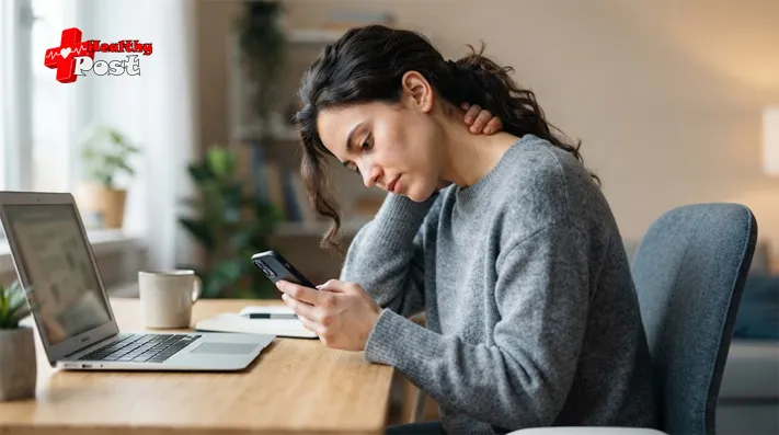 Person looking down at a smartphone while touching the back of their neck.