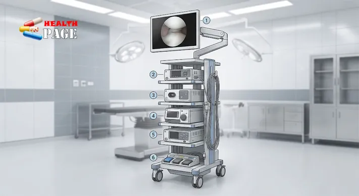 Illustration of a mobile arthroscopy tower with stacked consoles, a top-mounted monitor and cables, with numbered markers on each main component